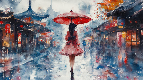 Rainy Street Scene, Girl Under Umbrella