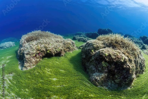 Underwater rocks covered in seaweed