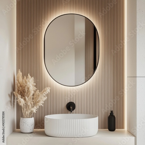 contemporary organic powder room, clean basin, round mirror, vertical wall lighting, soft matte finishes, no plants