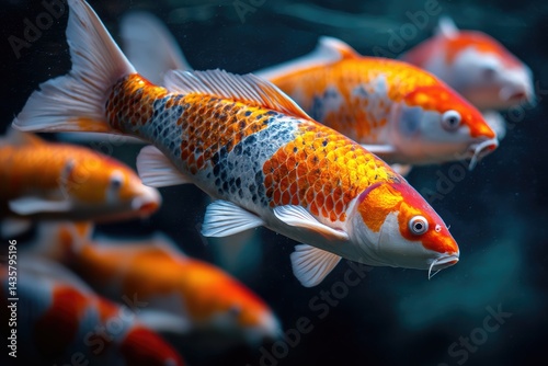 Vibrant koi fish swimming in a tranquil water environment. photo
