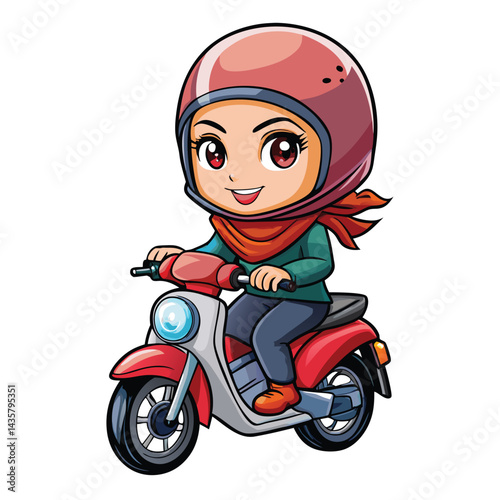 Cartoon girl riding a red scooter