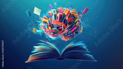 Colorful book exploding with concepts over a vivid blue background, representing knowledge. Use for education