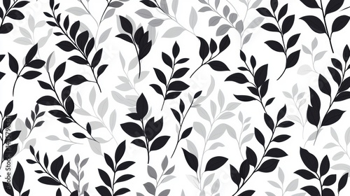 A repeating pattern of stylized leaves and branches in black and gray.