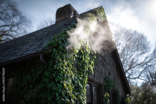 Exterior view of a stone house with climbing plants and escaping steam.