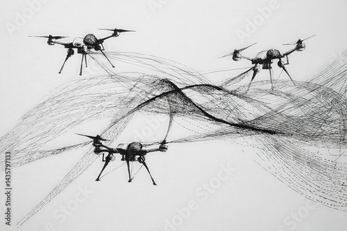 Abstract Illustration of Drones with Flight Path Lines in Black Ink