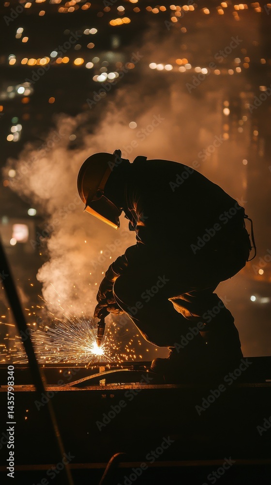 Fototapeta premium Skilled Welder at Heights: Industrial Work with Glowing Sparks and Urban Skyline Backdrop
