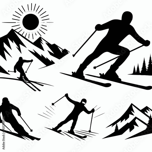  very simple flat and single minimalist Skiing Silhouettes in black on a white background 