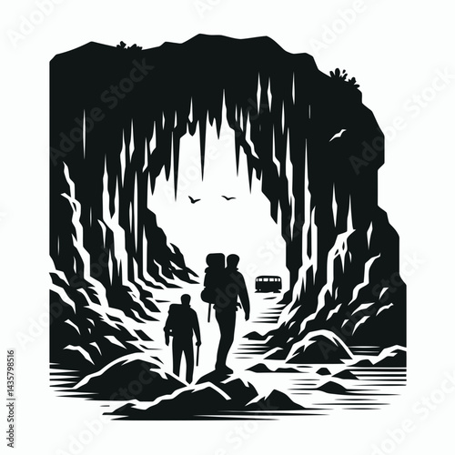  very simple flat and single minimalist Exploring Cave Silhouettes in black on a white background 