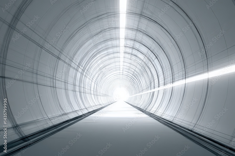 Abstract View of Futuristic Tunnel Leading to Bright Light Source