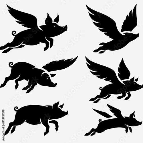  very simple flat and single minimalist Flying Pig Silhouettes in black on a white background 
