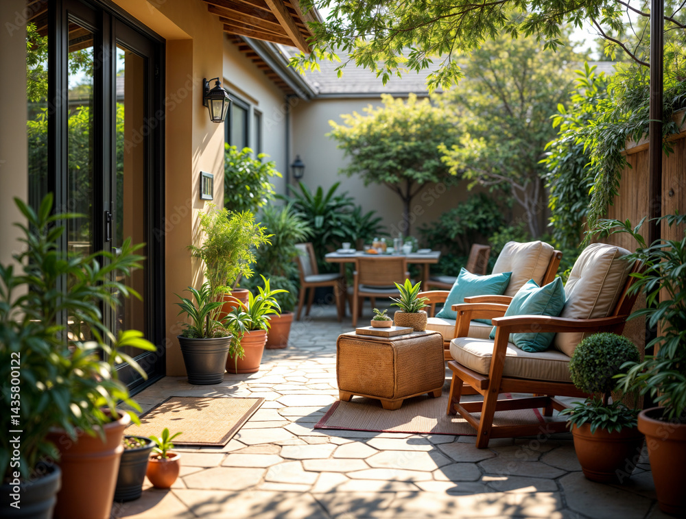 Fototapeta premium Sunny Garden Patio with Cozy Seating
