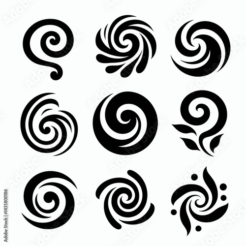  very simple flat and single minimalist Swirl Silhouettes in black on a white background