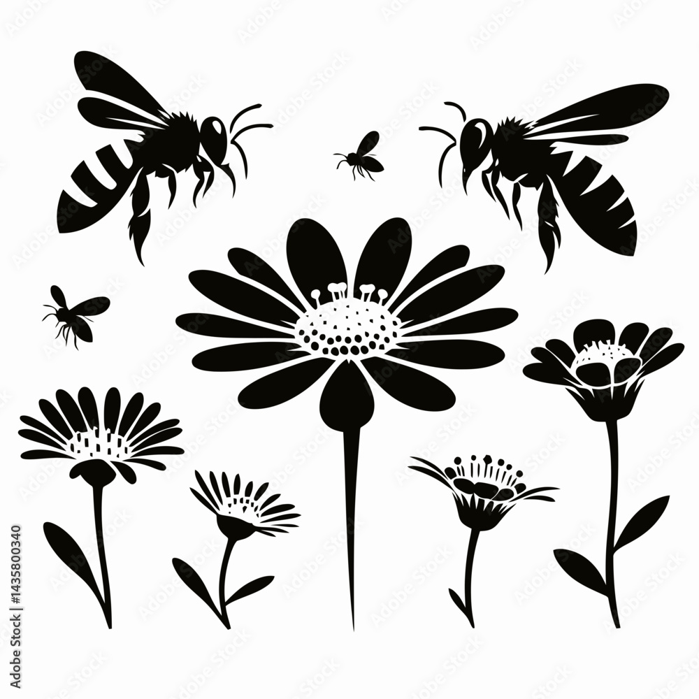 custom made wallpaper toronto digital very simple flat and single minimalist Bee on Flower Silhouettes in black on a white background 