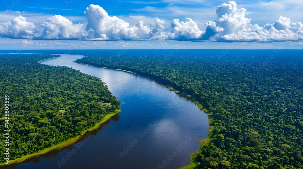 Obraz premium Aerial View of the Lush Amazon Rainforest Under Bright Blue Sky