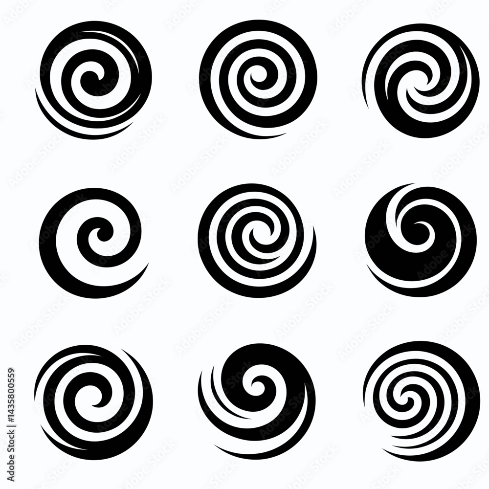 very simple flat and single minimalist Swirl Silhouettes in black on a white background very simple flat and single minimalist Swirl Silhouettes in black on a white background