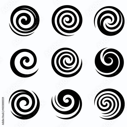  very simple flat and single minimalist Swirl Silhouettes in black on a white background 