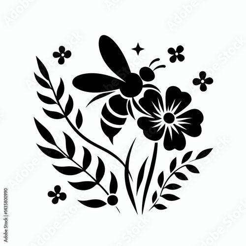  very simple flat and single minimalist Bee on Flower Silhouettes in black on a white background 