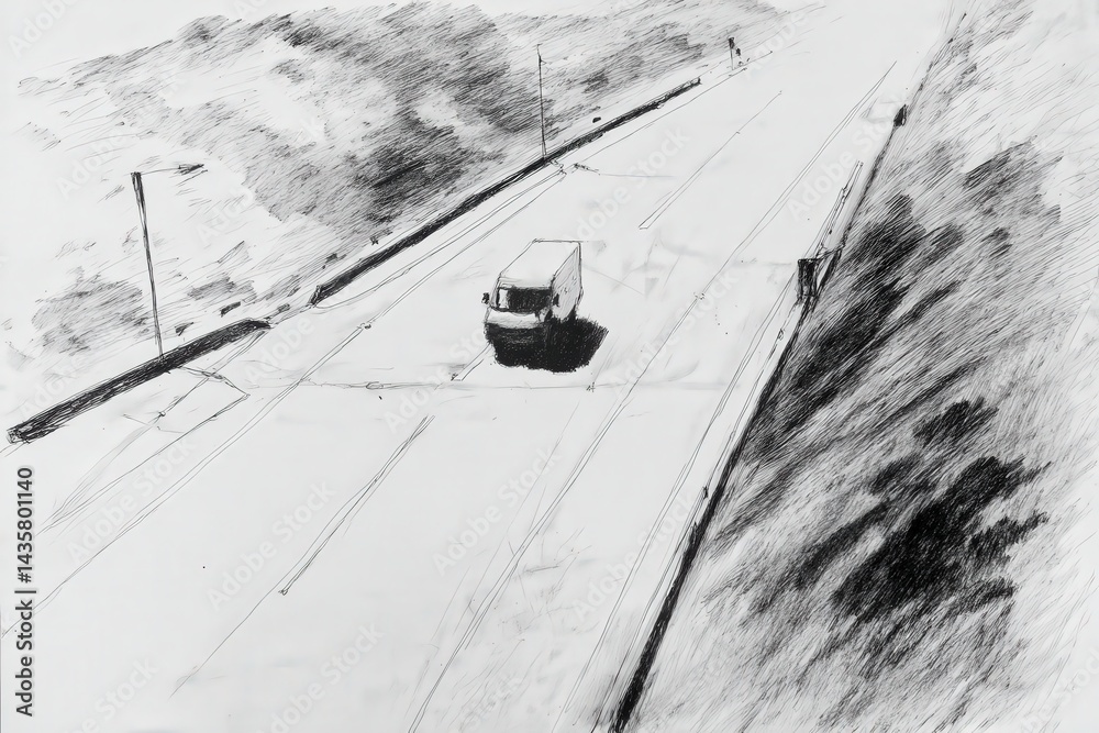 Aerial View of a Truck on Empty Road Surrounded by Scenic Landscape