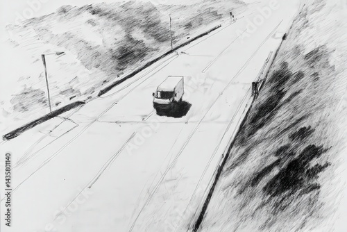 Obraz na płótnie Aerial View of a Truck on Empty Road Surrounded by Scenic Landscape w salonie