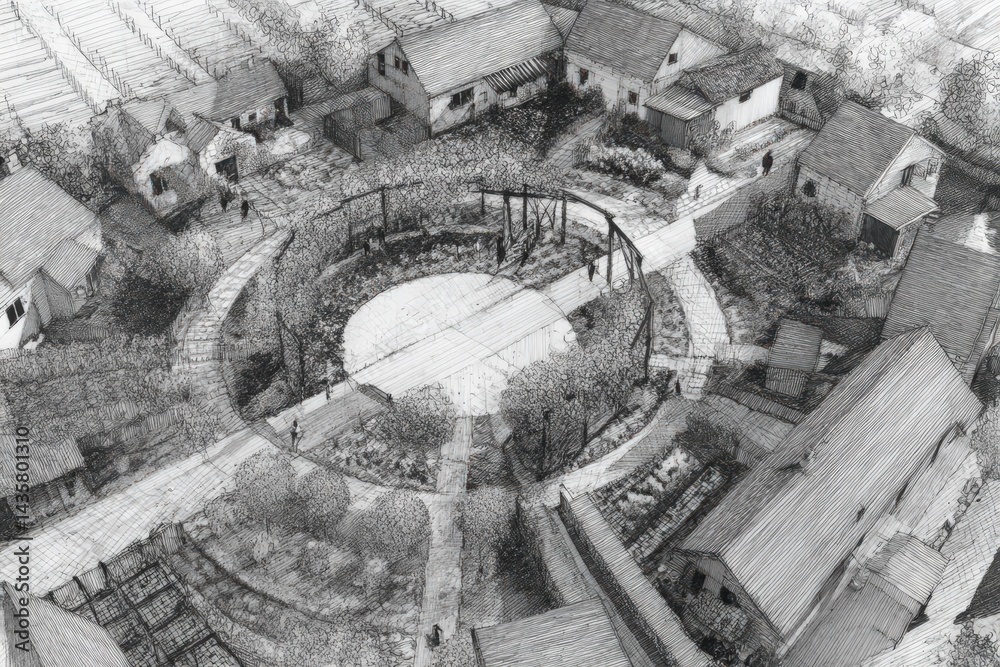 Aerial View of a Rural Village Surrounded by Fields and Gardens