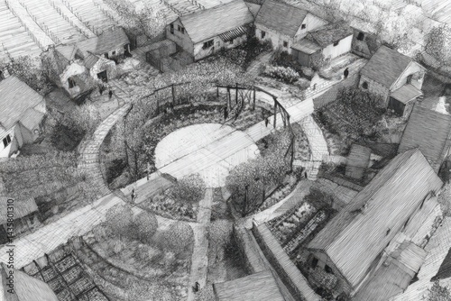 Obraz na płótnie Aerial View of a Rural Village Surrounded by Fields and Gardens w salonie