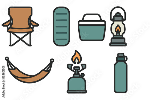 Outdoor camping accessory icons featuring camp chair and sleeping pad