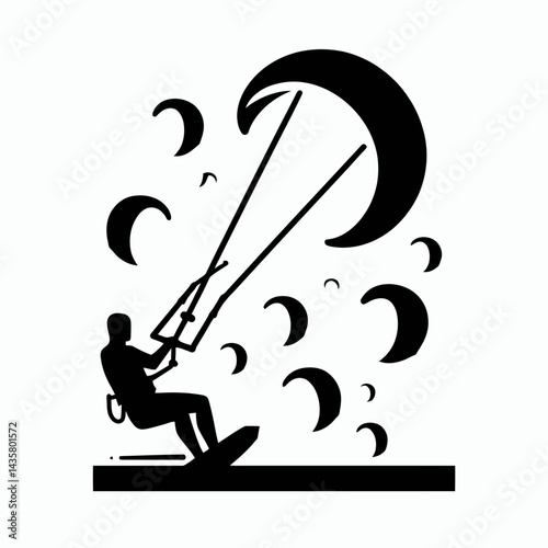  very simple flat and single minimalist Kite Surfing Silhouettes in black on a white background 