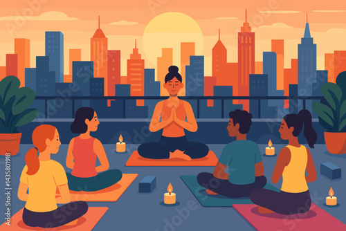 Scene of a yoga workshop on an urban rooftop with mats, candles, an instructor, and a city skyline