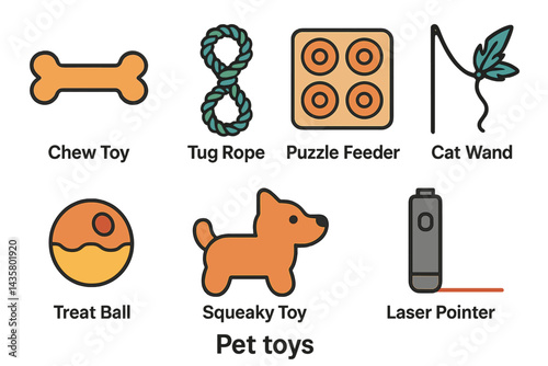 Icons of pet toys include a chew toy and a tug rope