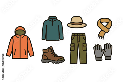 Icons of outdoor adventure clothing include a rain jacket and hiking boots