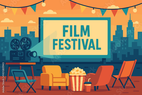 The scene is set with a film festival on an urban rooftop, complete with a projector, seating, snacks, and a city skyline view