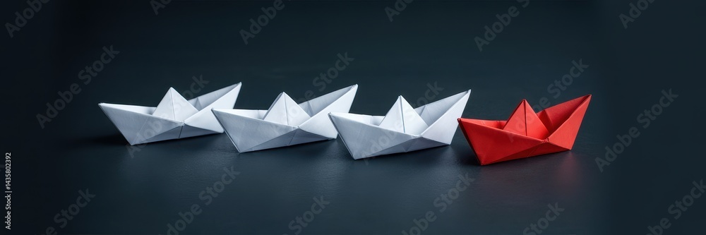 Unique origami boat standing out from the group Unique origami boat standing out from the group