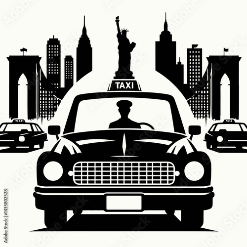  very simple flat and single minimalist Traveling Taxicab Silhouettes in black on a white background 