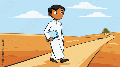 Cartoon Arabian Boy Walking With Book In Desert Landscape Illustration