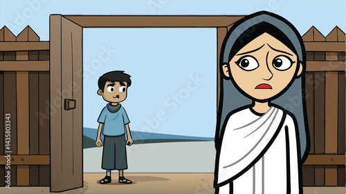 Worried Woman With A Gatekeeper In Background Cartoon Style Character Art
