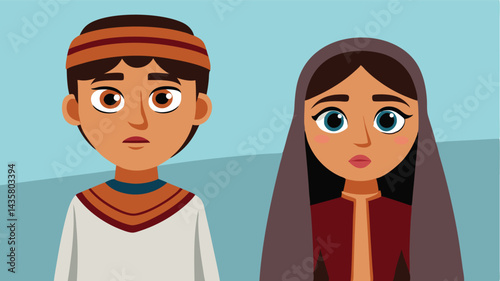Cartoon Style Middle Eastern Couple In Traditional Clothing Against Light Blue Background