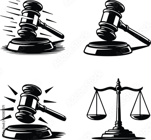 Judge Gavel Silhouette Set | Court and Law Symbol Vector Gavel Drawing Silhouette | Justice and Legal Icon Art