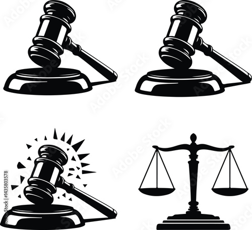 Judge Gavel Silhouette Set | Court and Law Symbol Vector Gavel Drawing Silhouette | Justice and Legal Icon Art
