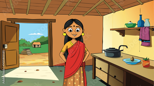 Indian Woman In Village Home Cartoon Illustration Of Rural Life And Culture