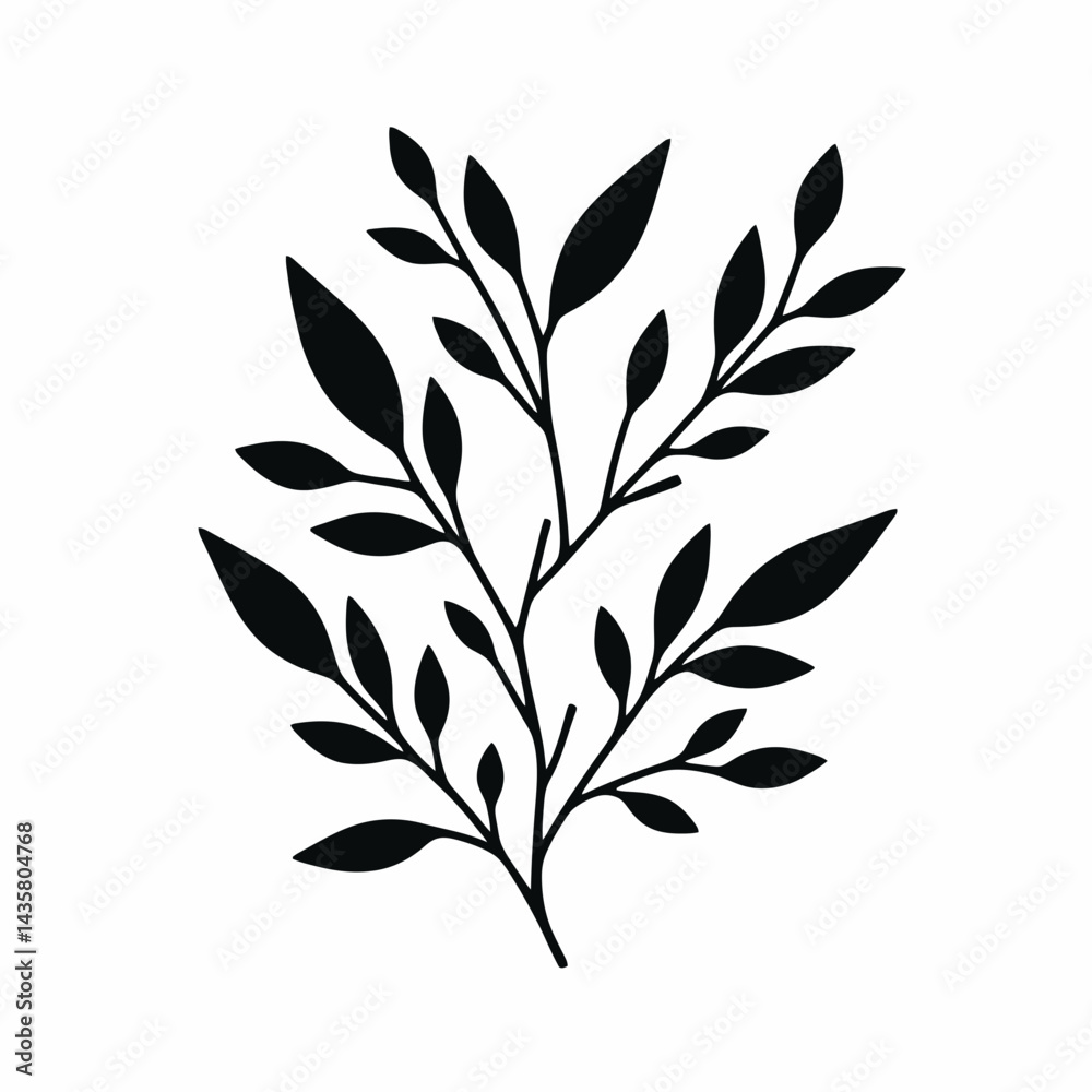 Fototapeta premium very simple flat and single minimalist Branch Leaves Silhouettes in black on a white background 