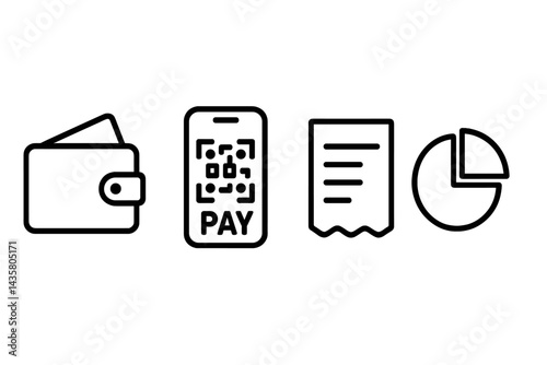 Symbols for tracking finances, such as pictures of cash, digital payments, and data examination
