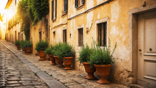 A charming cobblestone street in an Italian village, lined with terracotta pots and lush greenery.