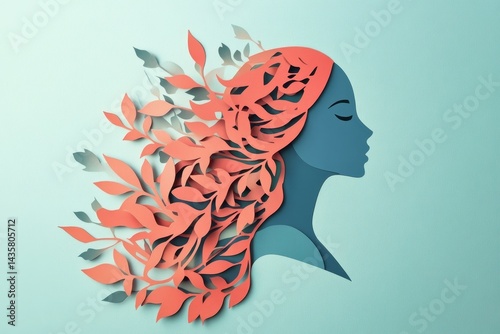 Elegant profile view of a woman with intricate paper cut floral hair. photo