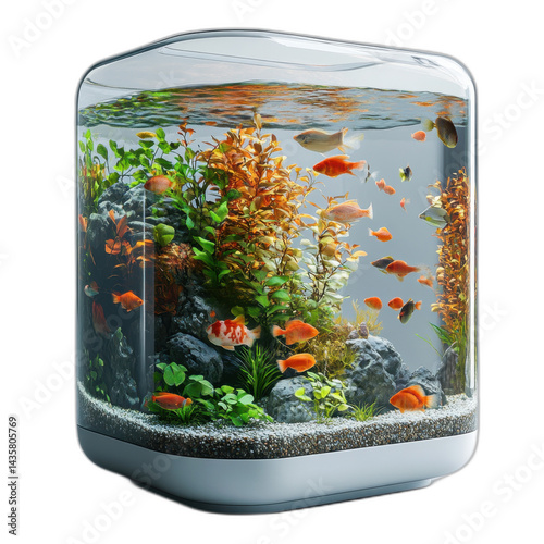 Fish tank with colorful fish swimming, rocks, and plants inside isolated on transparent background. photo