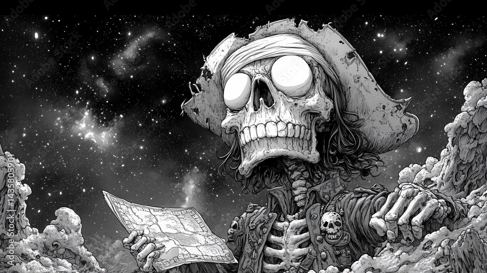 Obraz premium Skeleton pirate searching map in cosmos