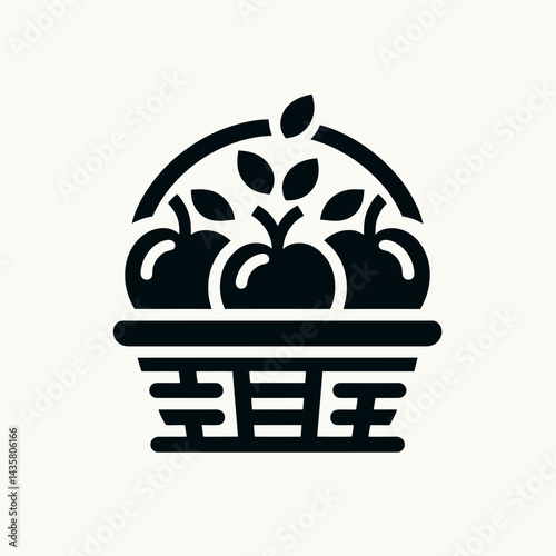  very simple flat and single minimalist Apple Basket Silhouettes in black on a white background 
