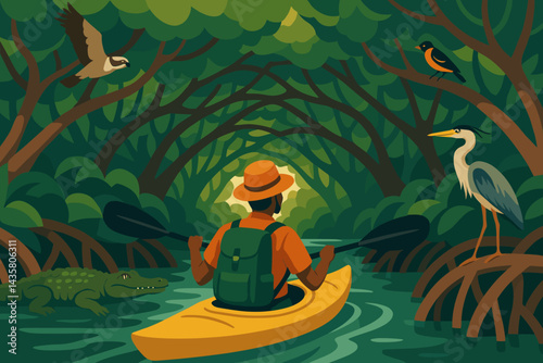 The adventure travel scene is depicted as flat, featuring mangroves and kayaking
