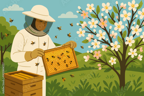 A flat scene of apiculture connects pollination with the harvesting of honey