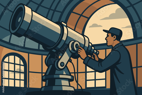 A flat science scene shows the preparation for precise stargazing