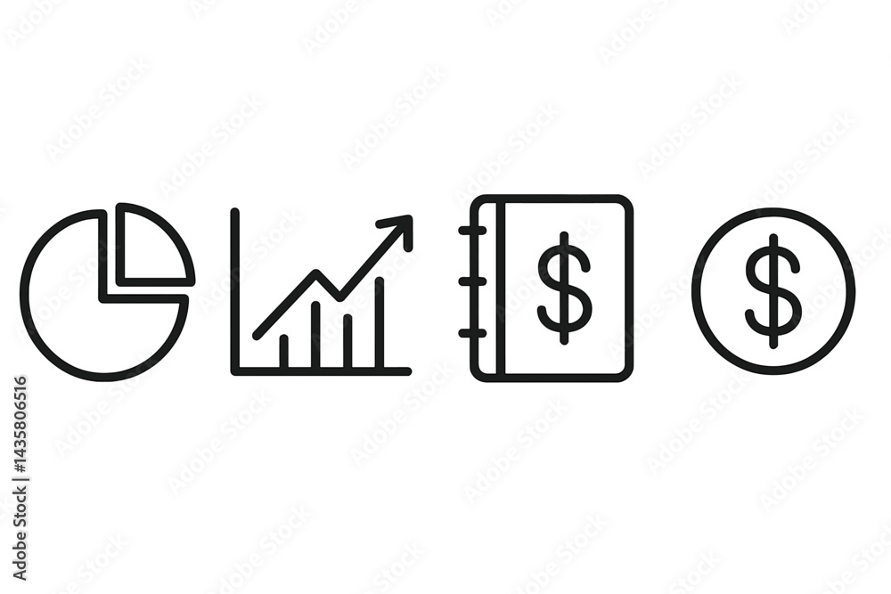 Icons representing money management that show tracking and growth Icons representing money management that show tracking and growth